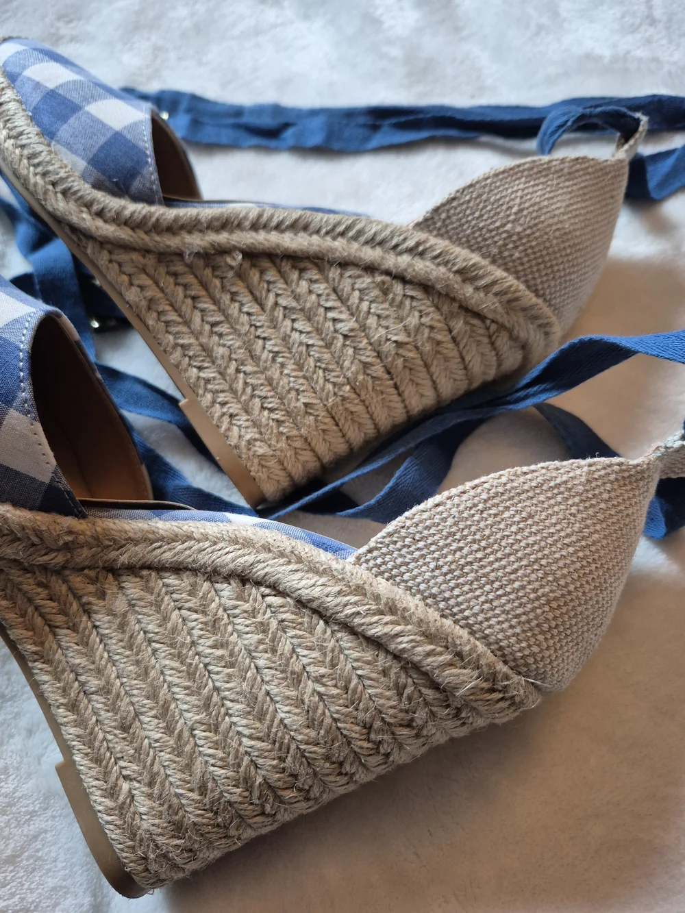 JustFab Blue and White Gingham Espadrille Wedge Sandals with Ankle Wraps